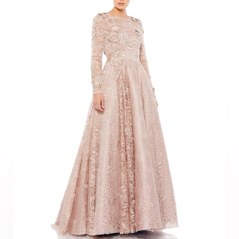 NWT MacDuggal 11121 Mocha Embellished Illusion Long Sleeve A-Line Ball Gown-Sz 8